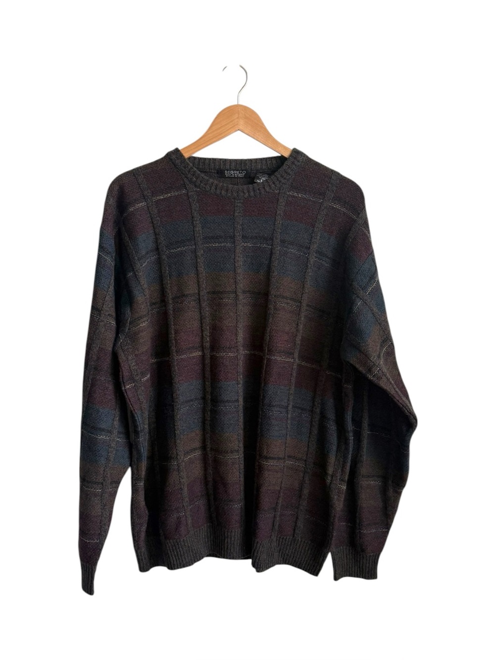 Vintage Segreto Men's 3D Knit Plaid Sweater Textured Multicolor Large